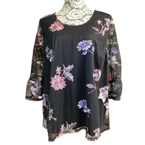 Catherine’s Floral Embroidered Mesh Overlay Top Blouse Sz 1XP Black